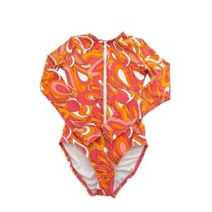 Michael Kors Long Sleeve Rashguard Zip Geometric Orange Pink Swimsuit Size 6